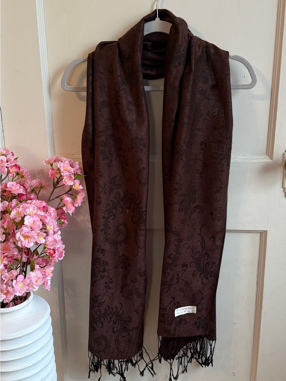 Floral Cashmere Silk Scarf in Brown Like New